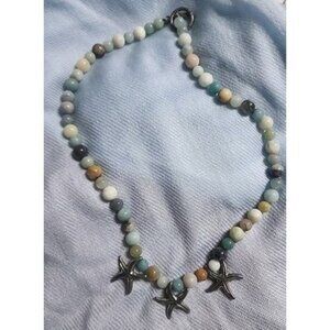 Beautiful Starfish Glass Bead Necklace Beach Themed Jewelry Silver Toned